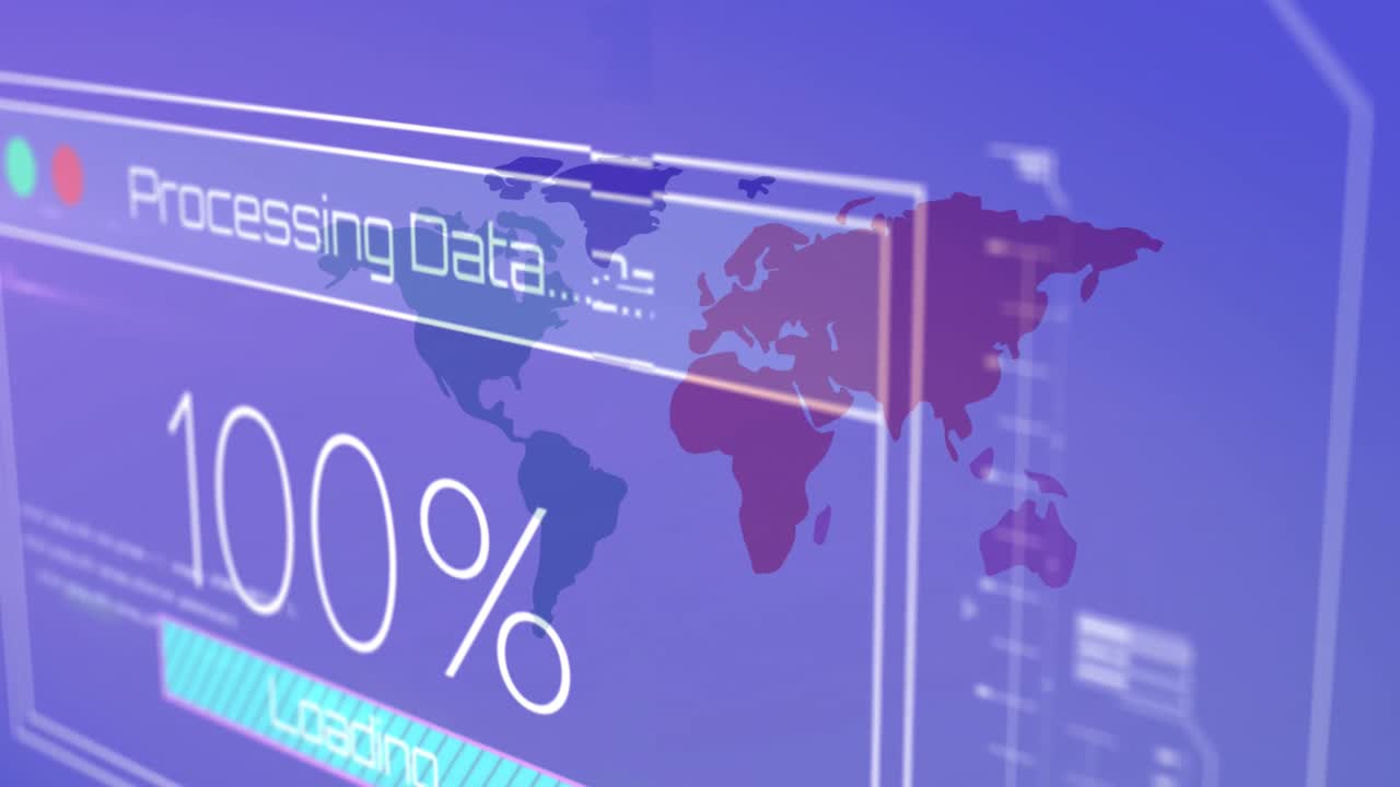 animación del procesamiento de datos sobre el mapa del mundo sobre fondo azul