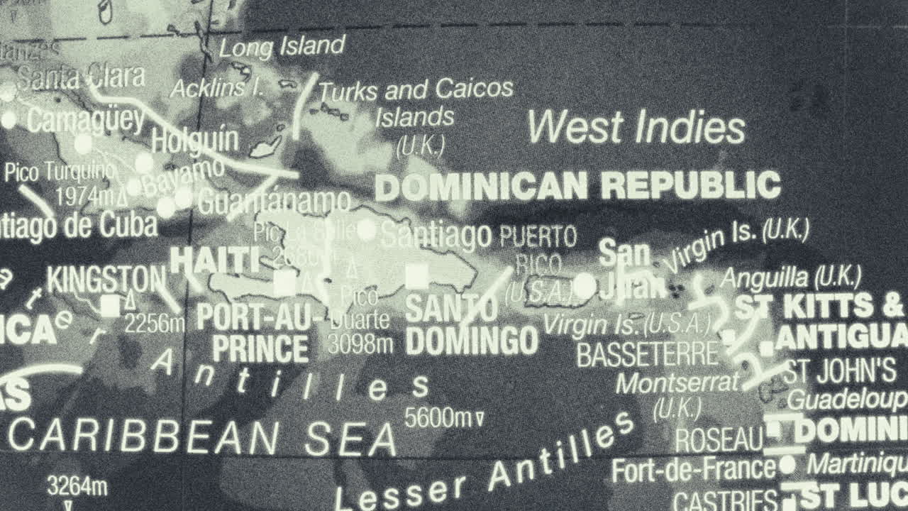 Close-up of a grayscale map showing the Caribbean Sea and West Indies