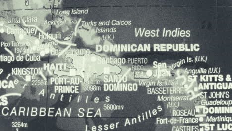 close-up of a grayscale map showing the caribbean sea and west indies