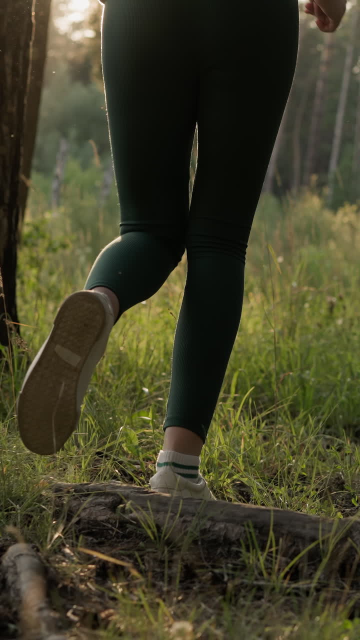 mujer corre en el prado de hierba en el bosque al atardecer. atleta disfruta de correr en la hierba suave bajo la luz del sol cálida. actividad cardiovascular para mejorar la salud física