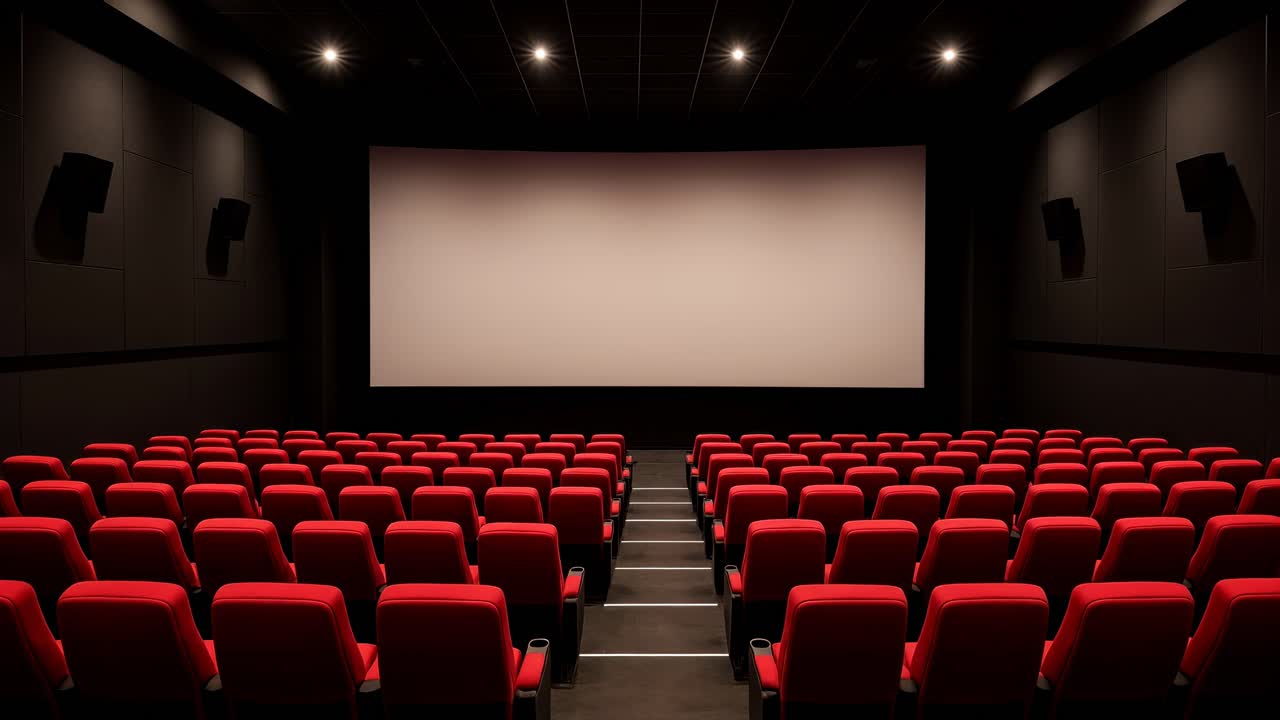 Wide-angle view of an empty cinema with red seats facing a large screen, ideal for a video