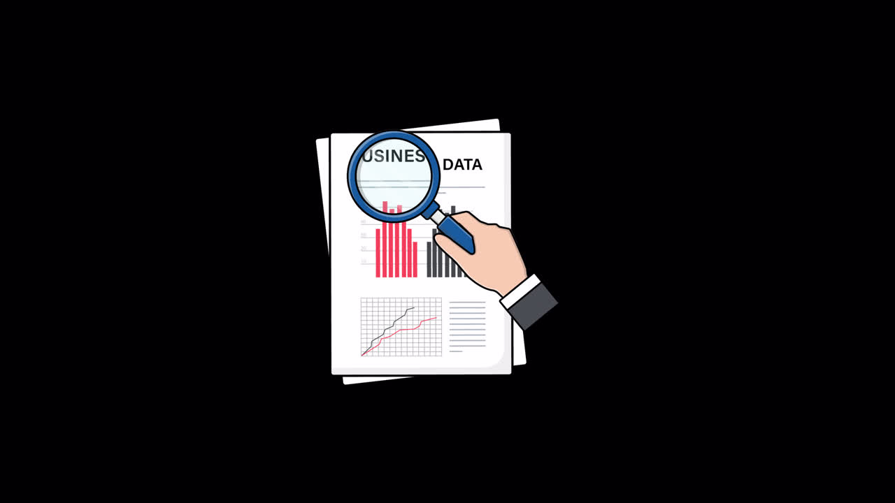 Tangan Beranimasi Menganalisis Dokumen Data Bisnis dengan Kaca Pembesar