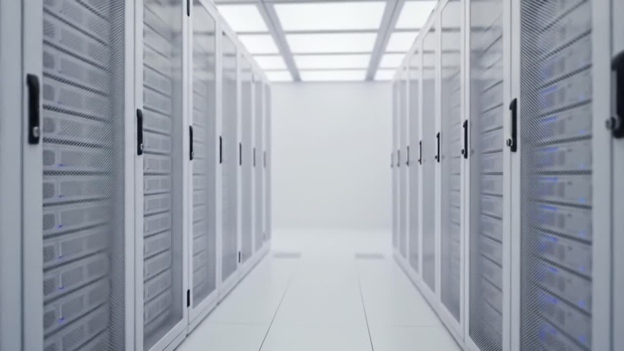 Inside a data center, rows of sleek servers stand ready to manage vast amounts of data. The bright, clean environment emphasizes efficiency in storage and processing capabilities.