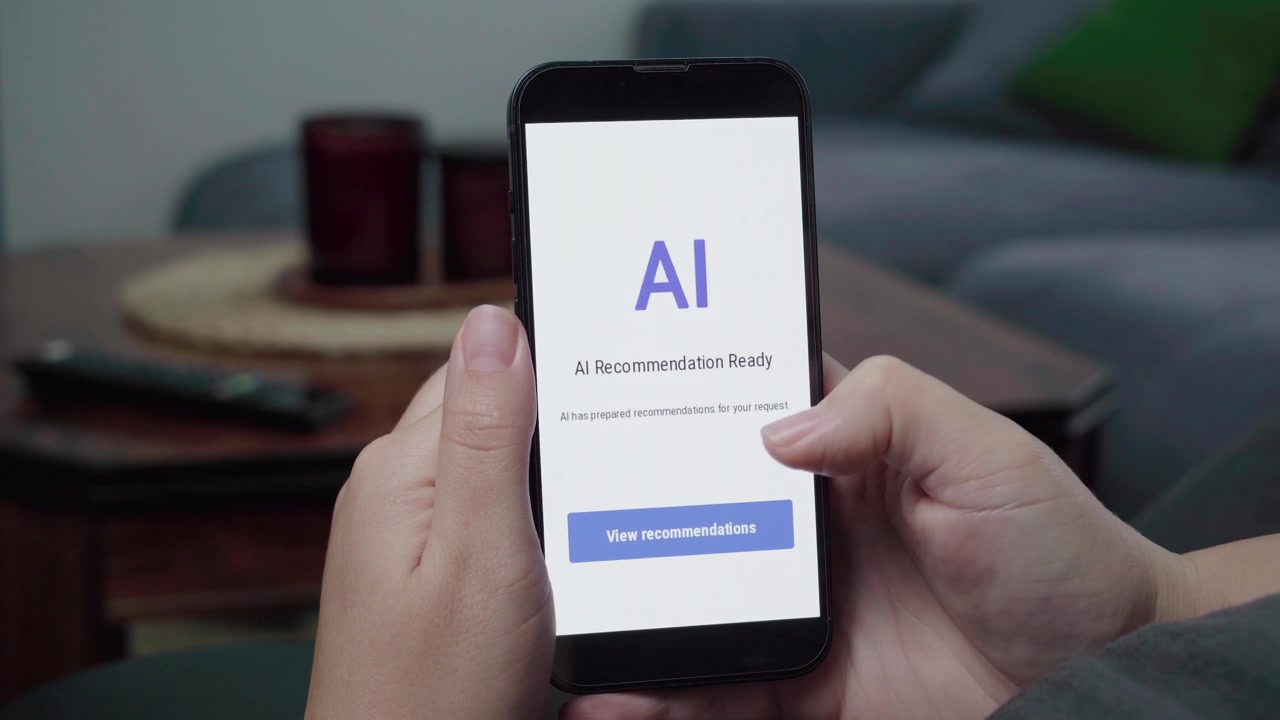 Primo piano di un utente rilassato che tiene uno smartphone che mostra un messaggio "Raccomandazione AI pronta" con un pulsante di azione blu