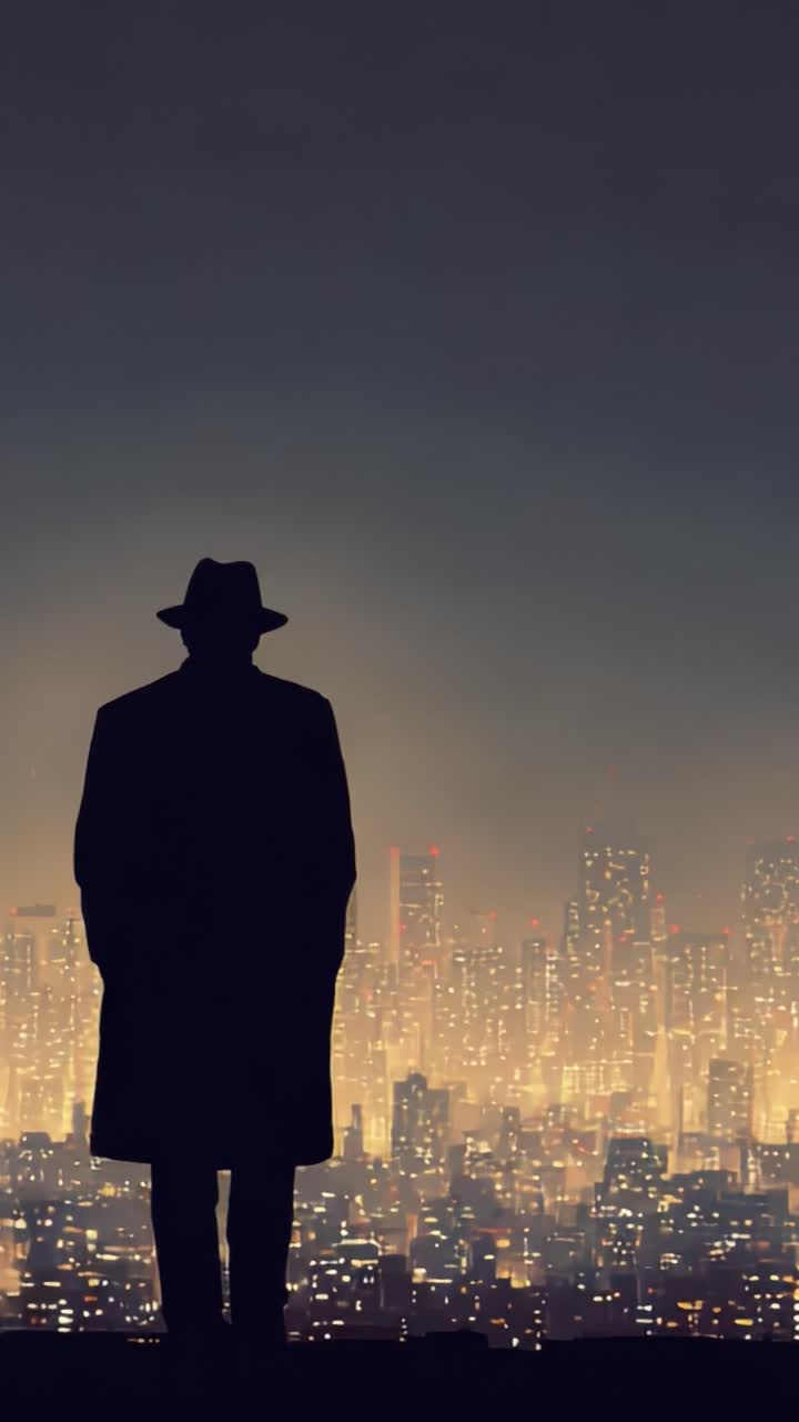 Una figura misteriosa contempla un paisaje urbano deslumbrante al atardecer, capturando la intriga y la esencia de la vida urbana, silueteada contra un horizonte brillante