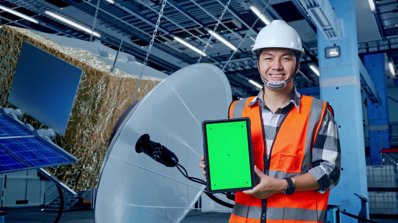 ingeniero con una tableta en una fábrica de satélites