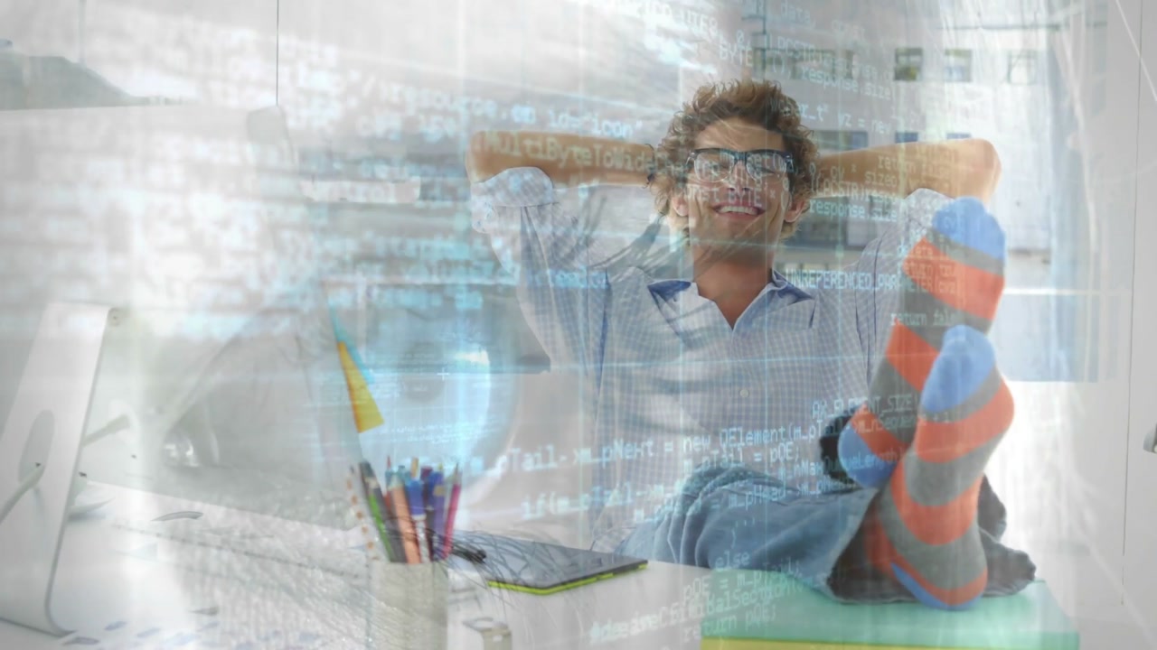Man at desk pausing office work, lifting feet showing striped socks, resting, overlay blending