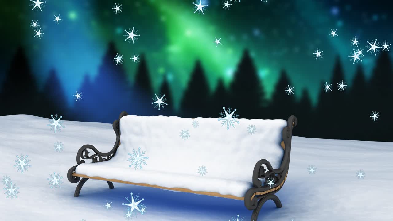 밤하늘을 배경으로 겨울 풍경에 벤치 위로 떨어지는 눈송이의 디지털 애니메이션