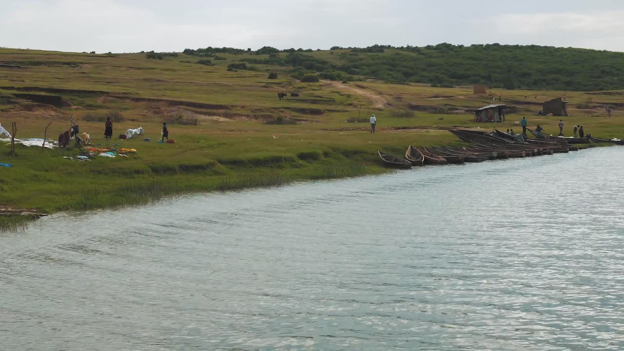 Late afternoon view of a fishing village in Lake Albert Uganda
