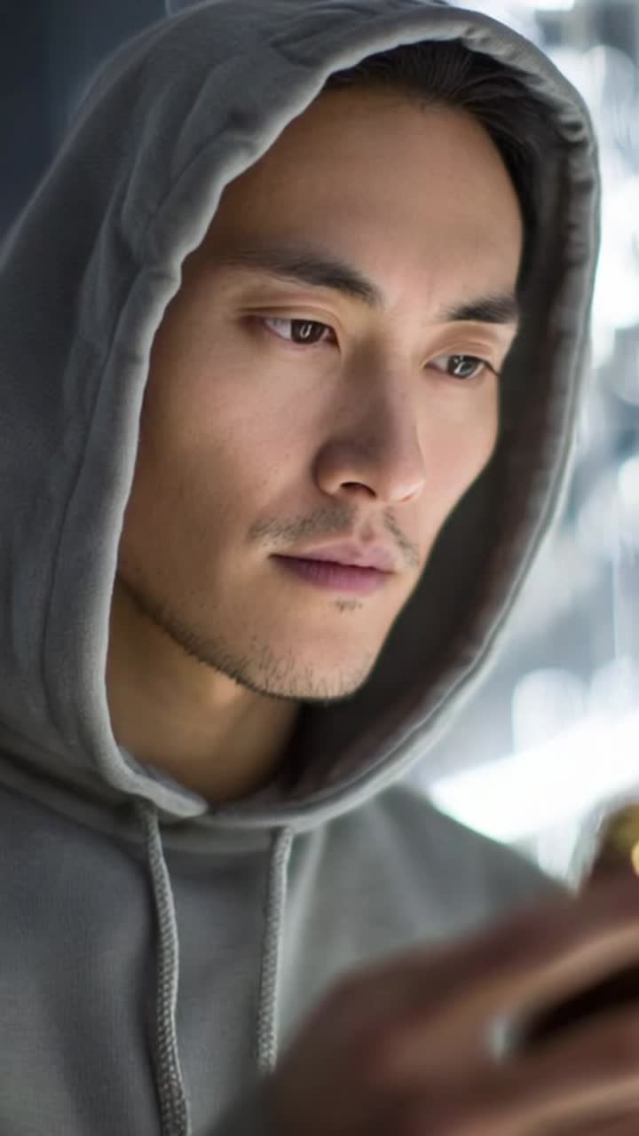 Focused Look of a Young Man in a Hoodie Engaged with His Smartphone in a Reflective Environment, Capturing a Moment of Contemplation and Modern Life