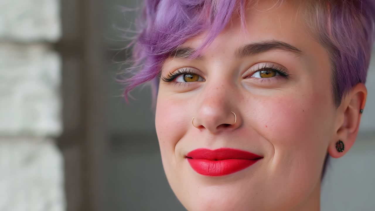 Close up portrait capturing young woman with vibrant purple hair, bold red lipstick, and distinctive nose piercing, gradually zooming in while radiating confident, cheerful smile