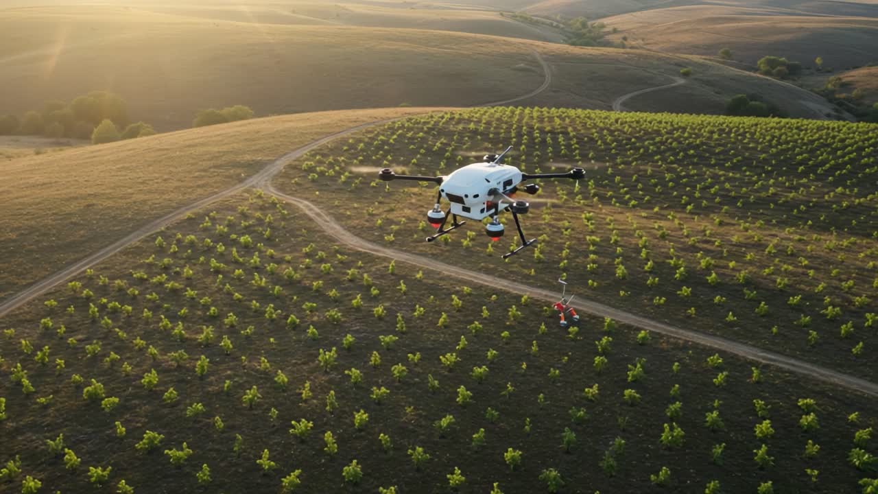 Aerial View of a Drone Operating Over a Vineyard, Showcasing Modern Agriculture Techniques for Crop Management and Observation in Rural Landscape