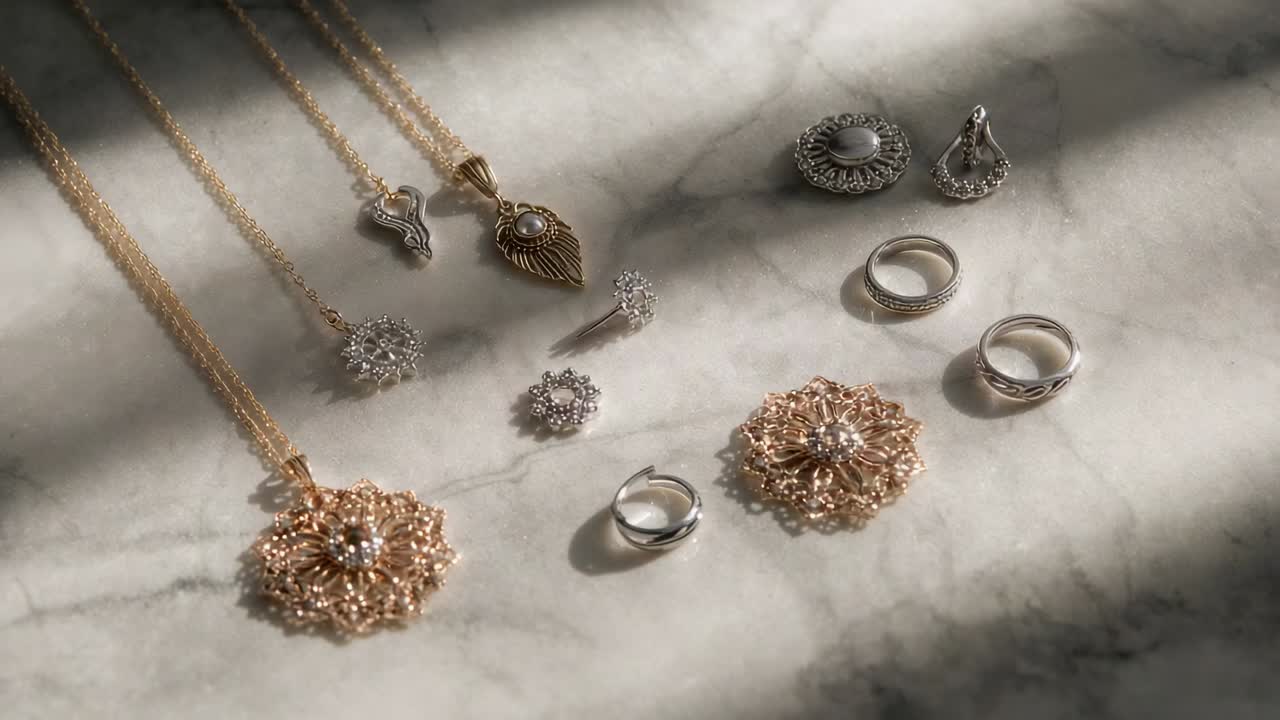 Panorering med kamera som avslører smykker på grå marmor, vinduslys som skifter og fremhever gullkjeder