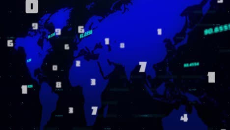 multiple numbers changing against world map on black background