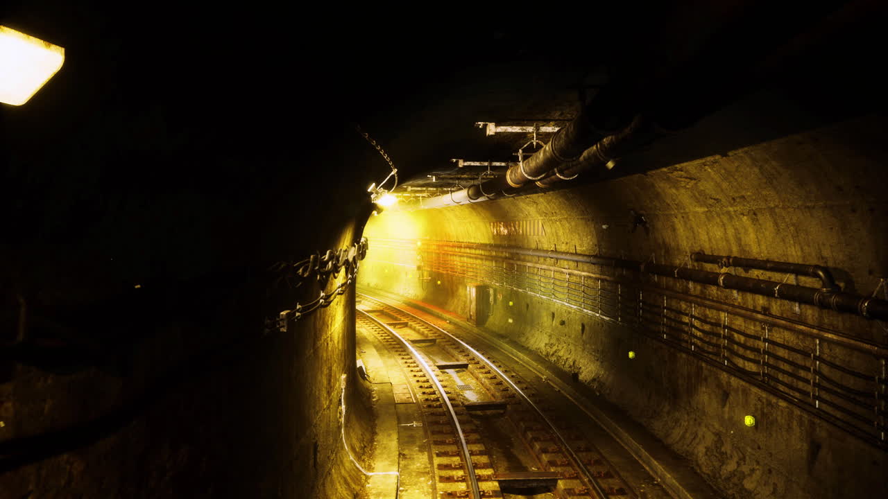 Light illuminating a winding tunnel in an underground railway system