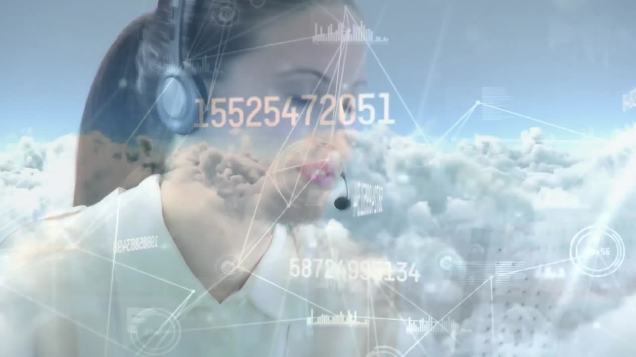 анимация сети соединений через деловую женщину с наушниками в офисе