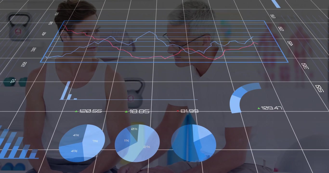 Trainer grabbing blood pressure cuff and inflating arm with 3D charts showing vitals for health