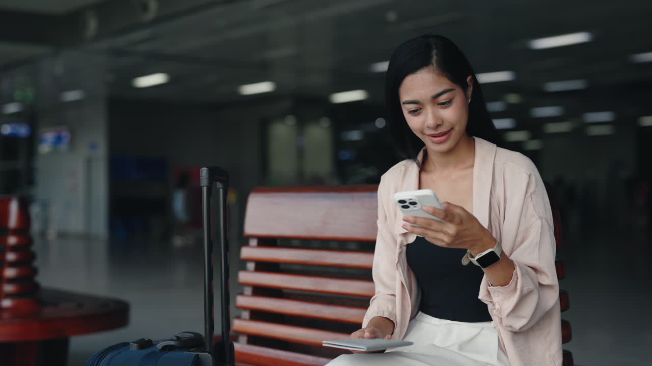 Woman using mobile phone while waiting at airport