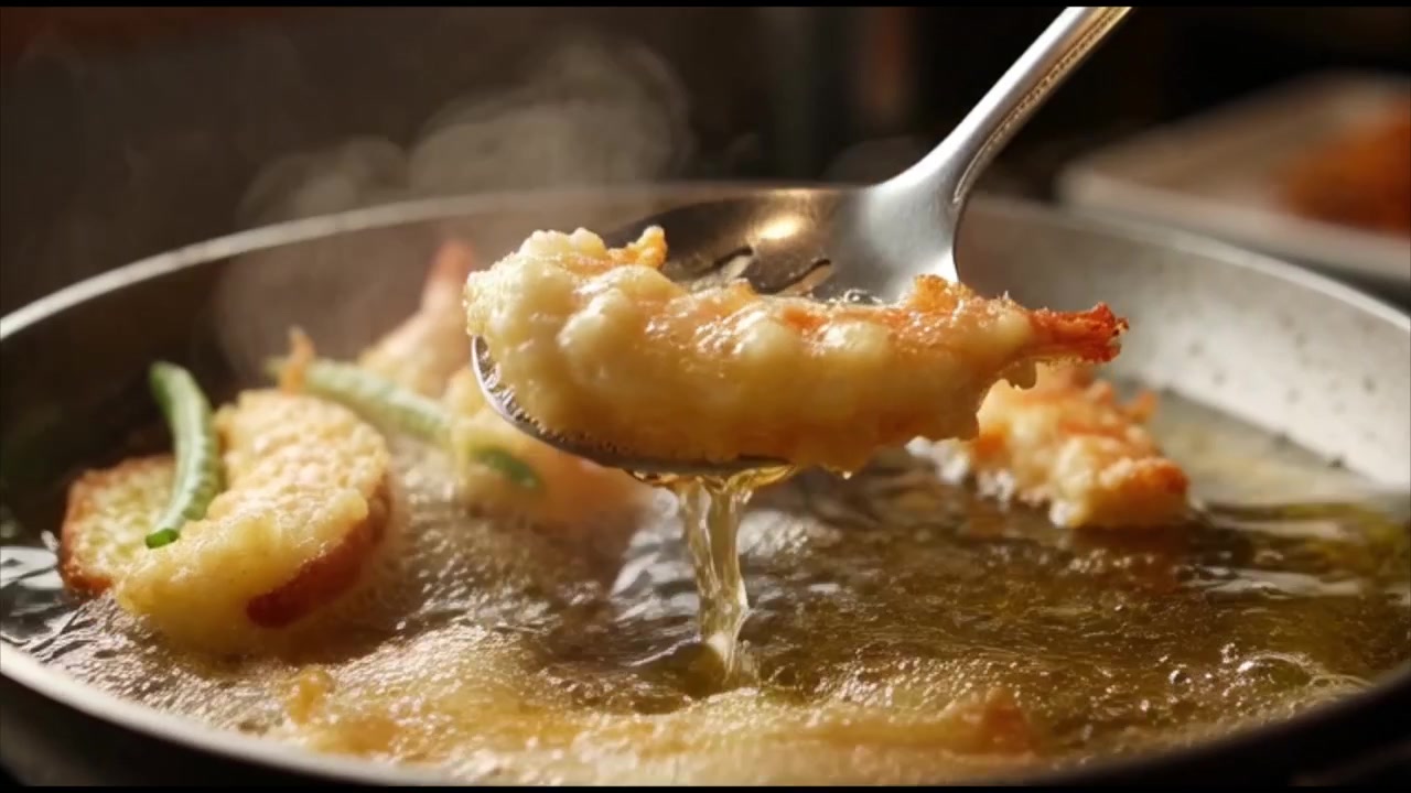Chef che solleva gamberi in tempura fritti croccanti dall'olio bollente
