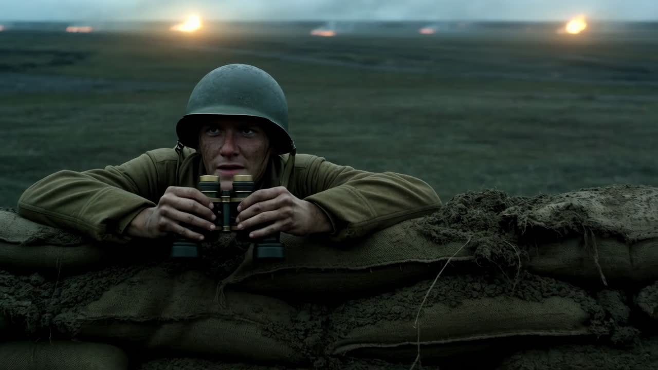 WWII Soldier in Trenches Observing the Battlefield