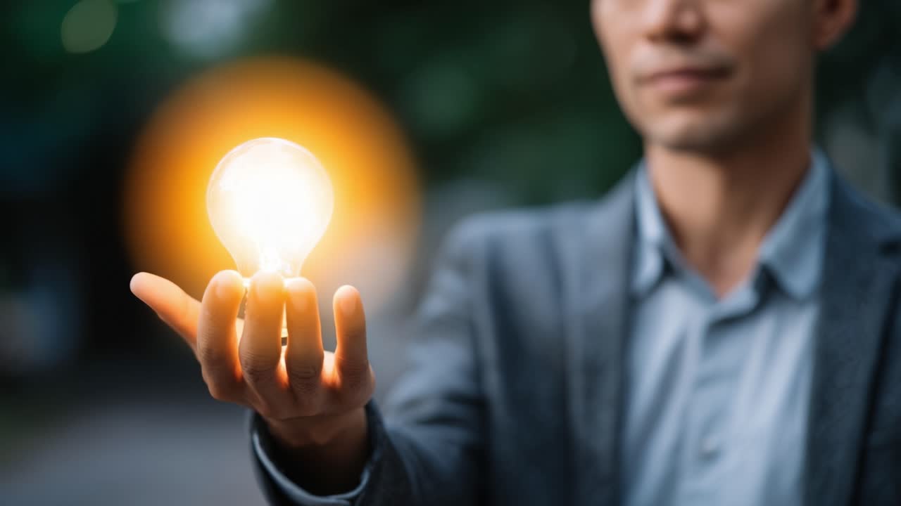 A thoughtful man holding a glowing light bulb in his hand symbolizes innovation, creativity, and inspiration in a modern and dynamic environment