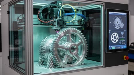 high-precision 3d printing of metallic gears showcased in a state-of-the-art manufacturing environment with advanced technology integration