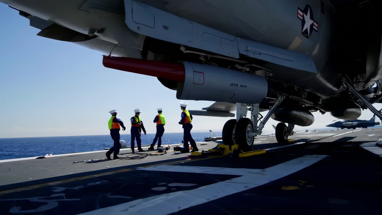 Navy F-18 fighter jet maintenance on aircraft carrier