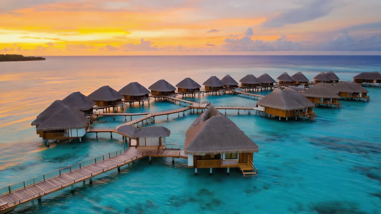 Stunning sunset casting a warm glow over luxurious overwater bungalows, connected by charming wooden piers, creating an idyllic tropical paradise perfect for relaxation and escape