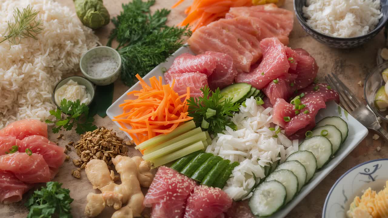 カメラをパンして、明るい木製のテーブルに近づき、ご飯とわさびを添えた刺身の盛り合わせを映し出す。