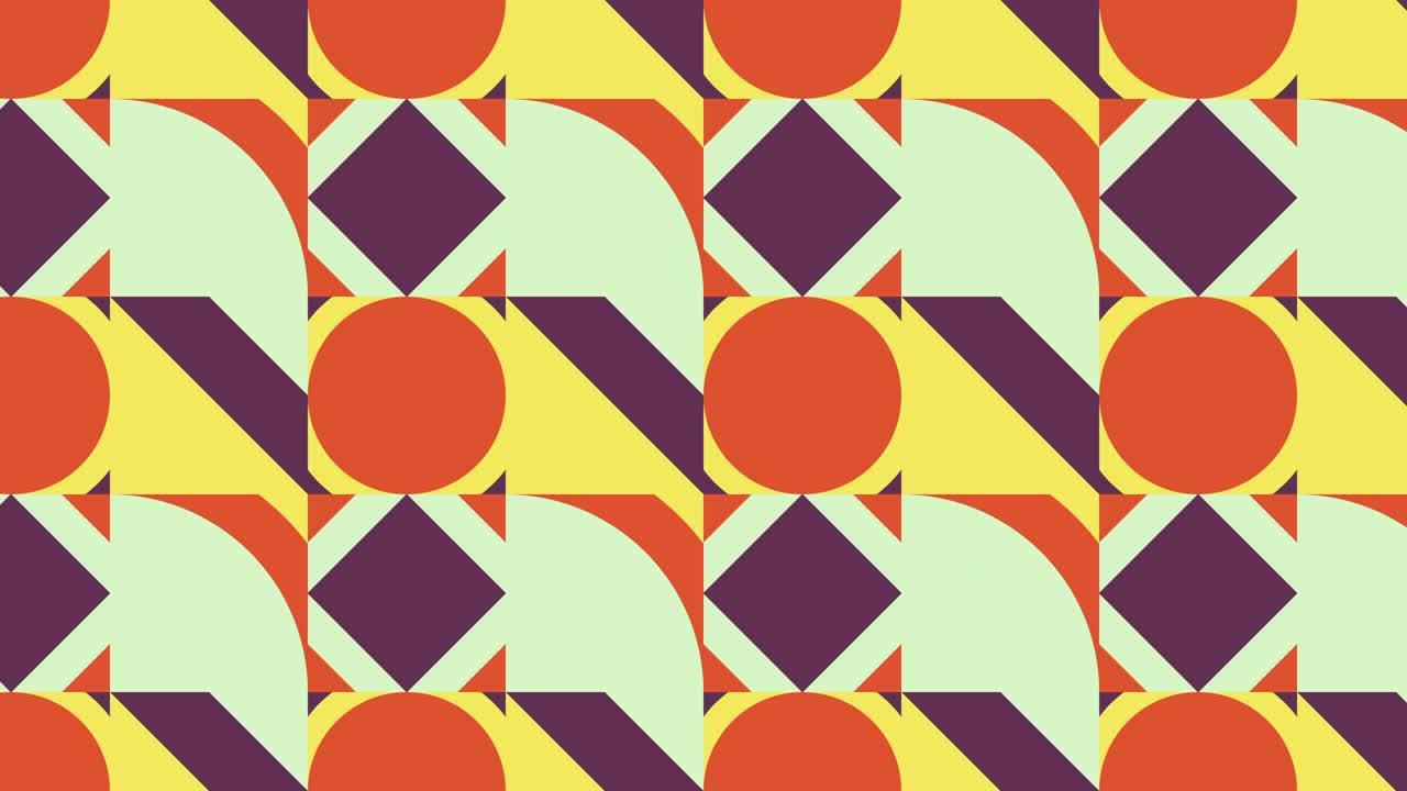 Retro mosaic with geometric animated tiles in warm color palette. Motion graphic seamless loop animation in vintage flat style