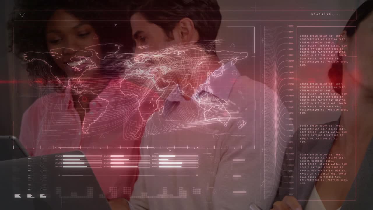 Business team gathering by tablet, woman presenting man pointing HUD pulsing reviewing laptop data