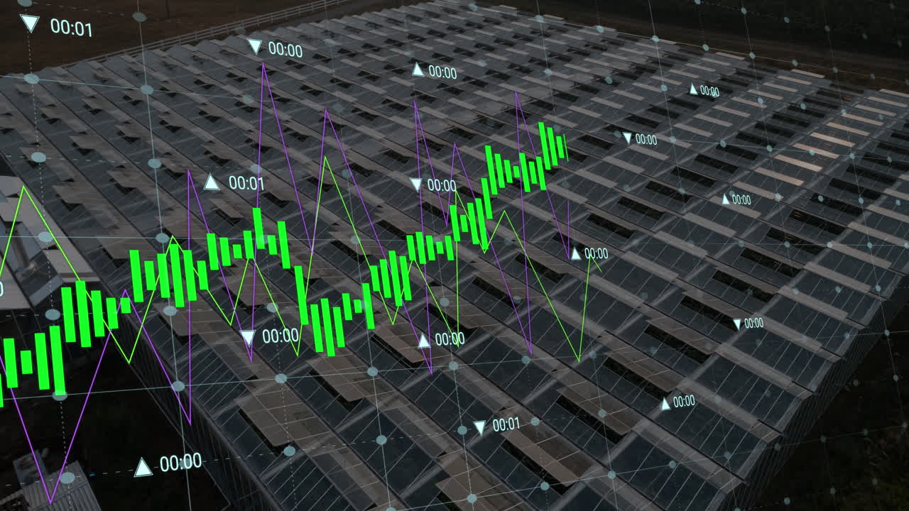 태양 전지 패널과 풍경에 대한 데이터 처리의 애니메이션