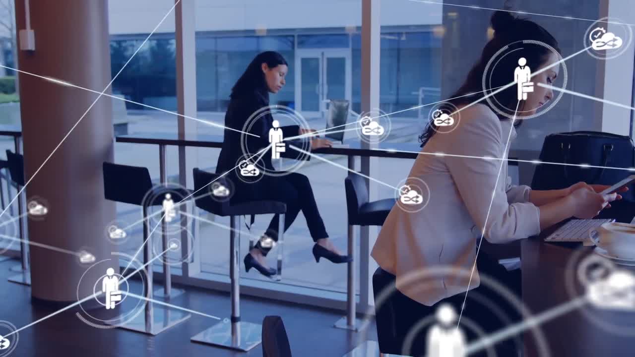 Yhteyksien verkon animaatio toimistossa olevien valkoihoisten liikeihmisten yllä