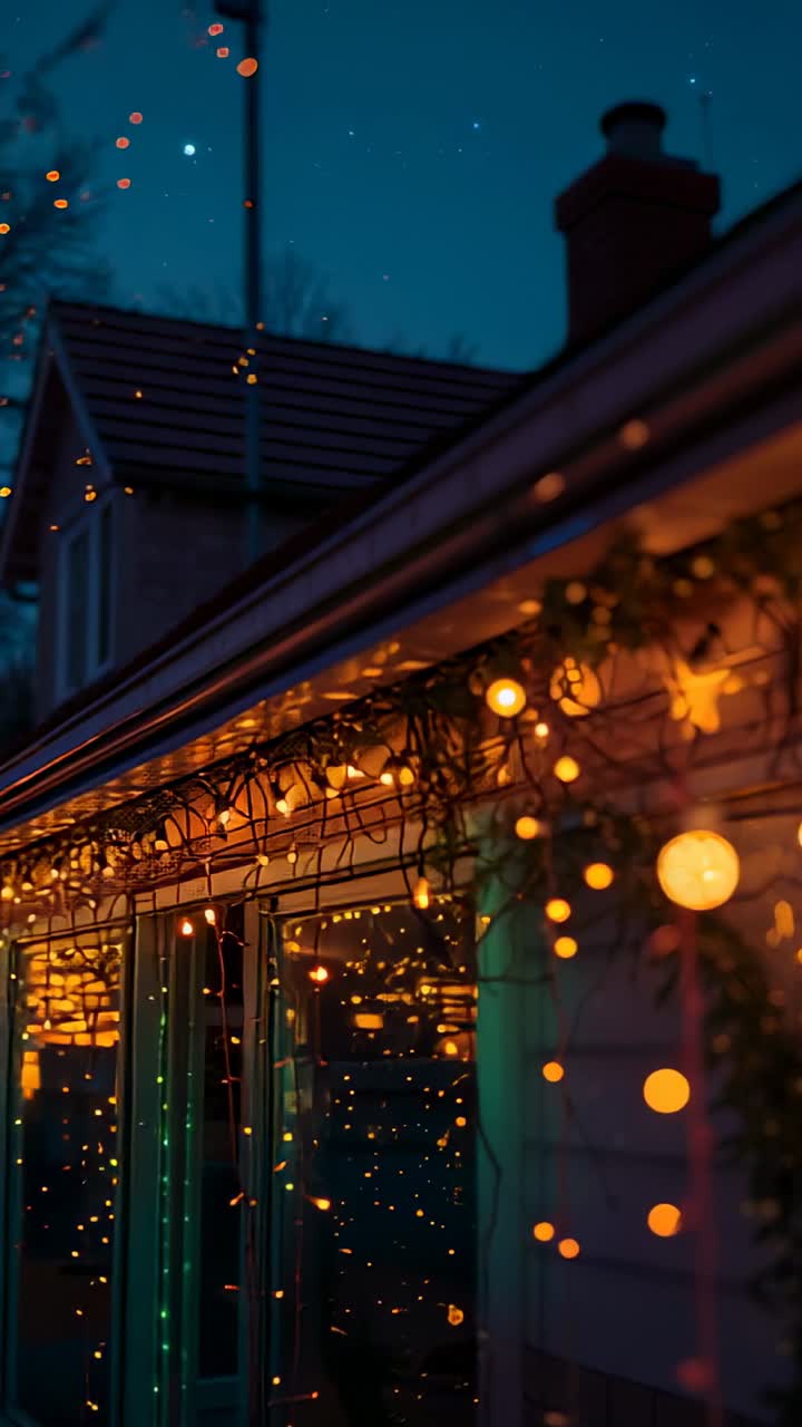 Vertical video: Blinking bulbs matching dusk shifting into night on facade amid glowing particles