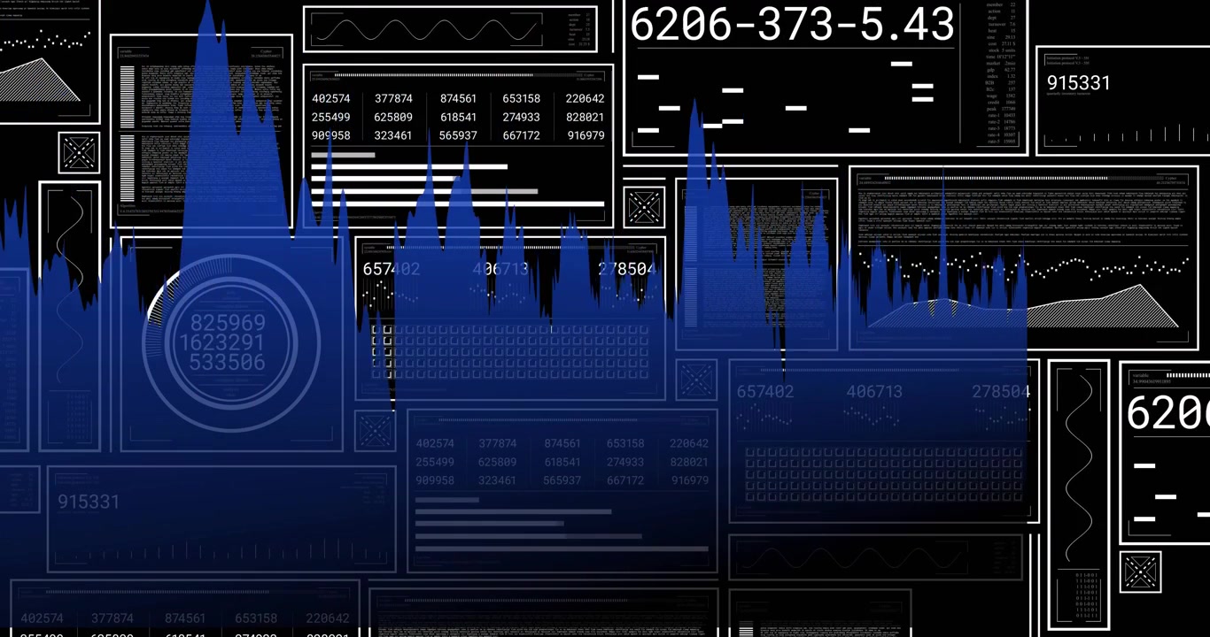 Innkommende data driver blå bølge som stiger, skifter og legger seg, mens målerkoder oppdateres for analyser.