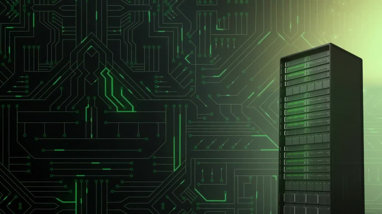 Mainframe computer and glowing green circuit board