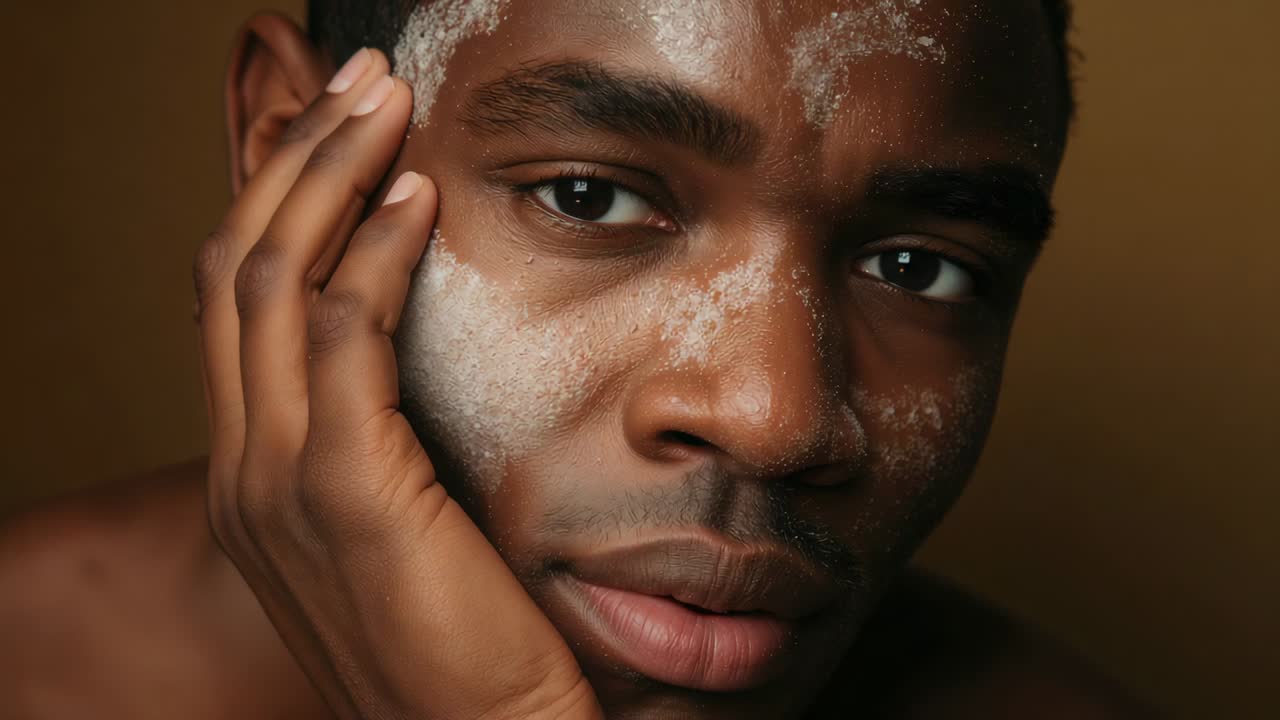 Começando com a mão direita cobrindo a bochecha esquerda, homem sem camisa massageando esfoliante para cuidados com a pele em estúdio
