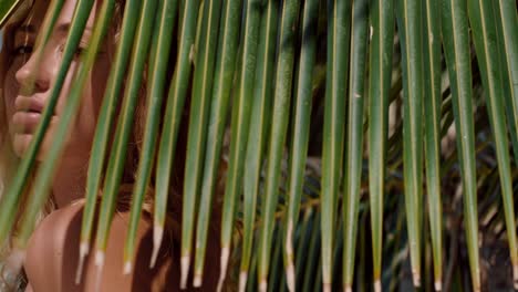 Woman hiding under palm leaves