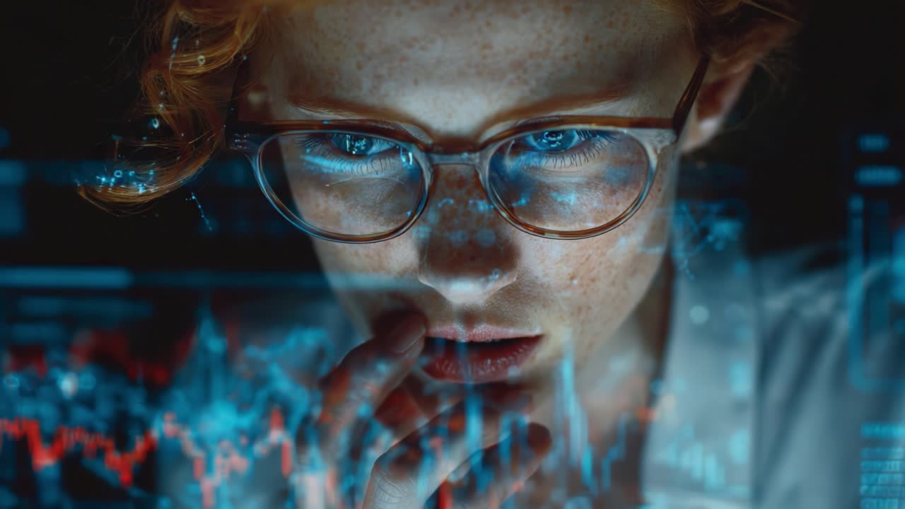 Intricate Analysis of Data: A Focused Individual Engaging with Complex Digital Charts and Graphs, Emphasizing Thoughtful Reflection and Insightful Decision-Making