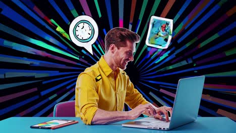 hombre trabajando en una computadora portátil con iconos de productividad