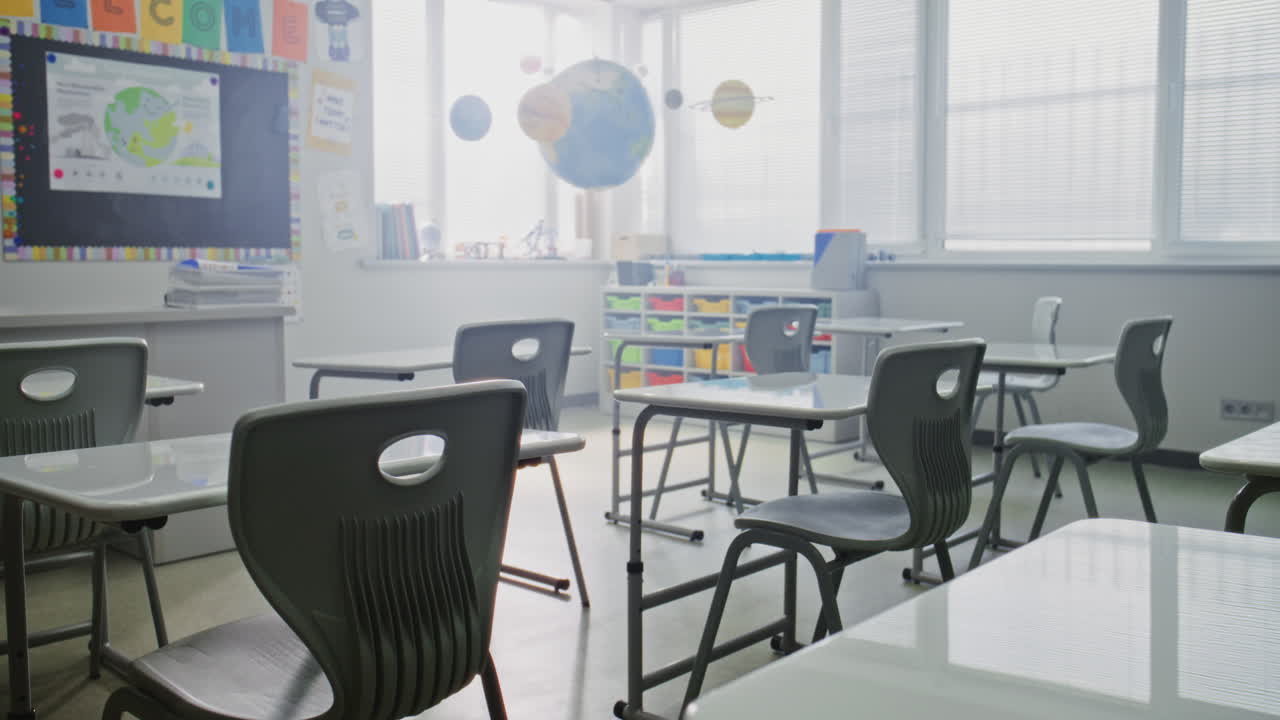American Primary School Interior of Modern Empty Classroom with Desks for Students