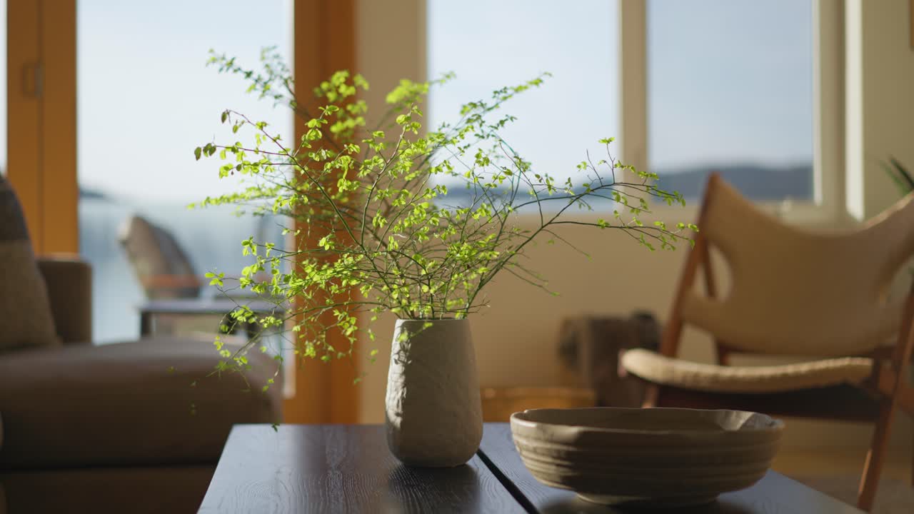a cinematic shot of faux night willow branches in an elegant clay vase in a luxury property in North Vancouver