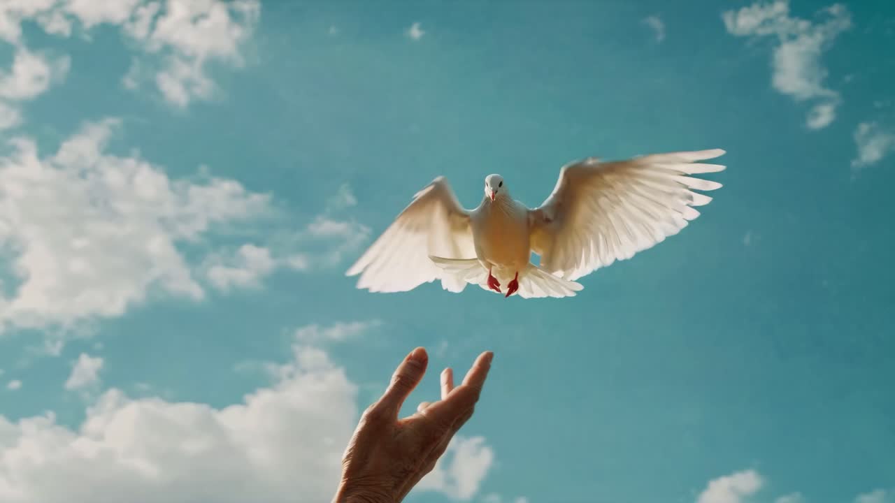 A serene video still of a dove taking flight from a hand, captured from a low-angle against a bright