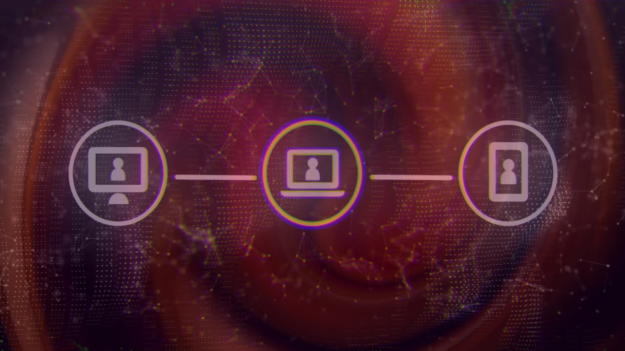 Animation of media icons over red shapes moving