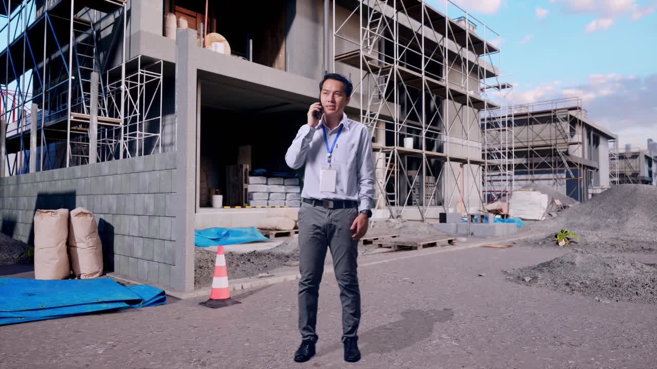 Cuerpo completo de un trabajador profesional asiático de pie en una obra en construcción de una nueva casa, está hablando con alguien por teléfono.