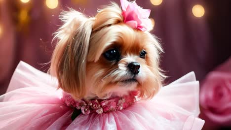 a small dog wearing a pink dress sitting on a table