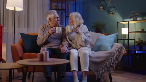 carefree mature family couple relaxing on sofa at home, enjoying conversation with cups of hot tea