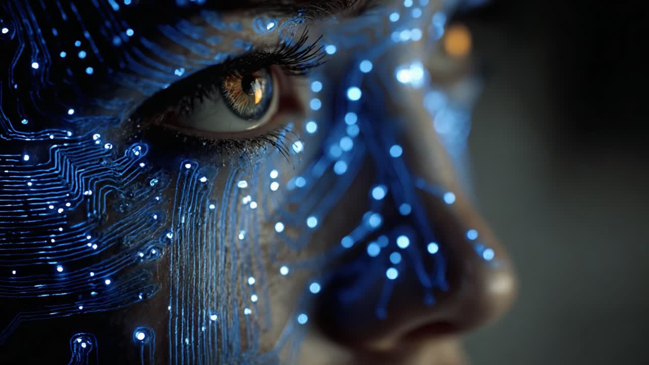 A Close-Up of a Futuristic Face with Circuit Patterns and Glowing Lights, Blending Human Features with Technology in a Stunning Visual Representation