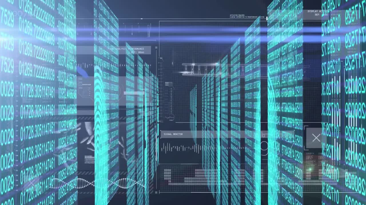 Animation of tunnel made of data processing on screens over black background