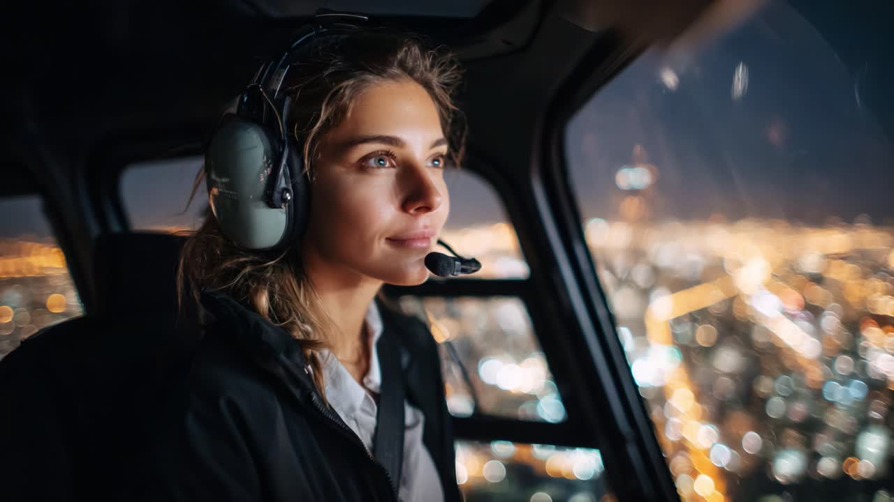 Nighttime Flight: A Skilled Female Pilot Navigates Through City Lights From Her Helicopter Cockpit While Maintaining Focus on the Horizon Ahead